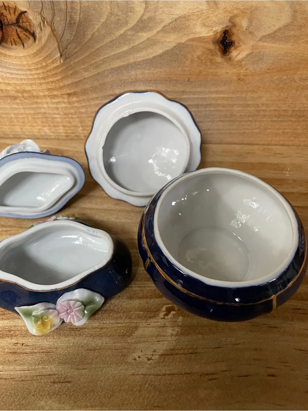 Blue Romanian Porcelain Trinket Boxes with Pink Floral Lids
